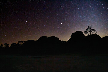 silhouettes of stones and tree with dark sky in the baackground with sky full of stars in the...