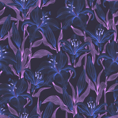 Large lily flowers. Trendy modern seamless pattern. Bright neon print.