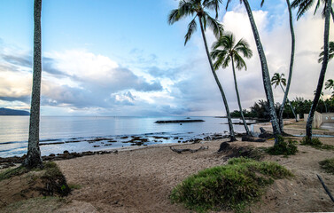 View of park and tropical beach in Haleiwa, North shore of Oahu, Hawaii