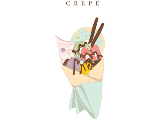 Dessert sweet.  Ice cream with chocolate sauce.  Vector illustration isolated on white background.