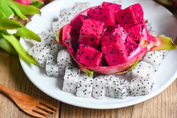 fresh white and pink red purple dragon fruit tropical in the asian thailand healthy fruit concept,...