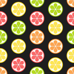 Slices of lemon, lime, grapefruit and orange on black background. Vector seamless pattern. Best for textile, wallpapers, home decoration, wrapping paper, package and web design.