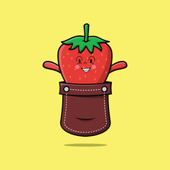 Cute cartoon strawberry character coming out from pocket look so happy in concept flat cartoon style