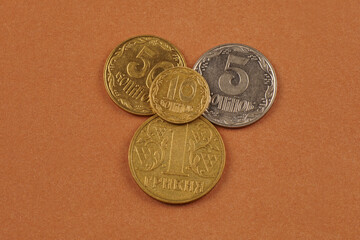 Modern Ukrainian money. Ukrainian coins – ten kopecks, five kopecks, fifty kopecks, hryvnia. Coins of Ukraine.