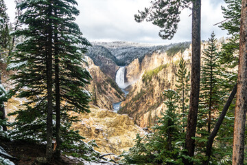 The Grand Canyon of Yellowstone at Artist Point with Upper Falls Waterfall View. Majestic and beautiful landscape on the west coast United States