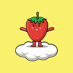 Cute cartoon strawberry character standing in cloud vector illustration in flat cartoon style