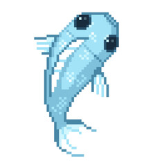 An 8-bit retro-styled pixel-art illustration of a blue fish.