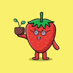 Cute cartoon strawberry holding plant in a pot flat modern style design