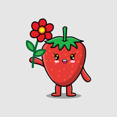 Cute cartoon strawberry character holding red flower in concept flat cartoon style
