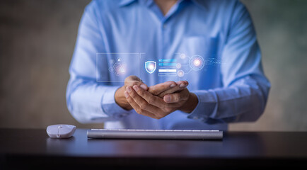 Businessman in hand show padlock protecting business and financial data, Cyber security and data protection information privacy internet technology concept