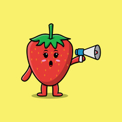 Cute Cartoon strawberry character speak with megaphone in flat cartoon style concept
