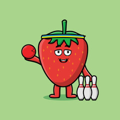 Cute cartoon strawberry character playing bowling in flat modern style design