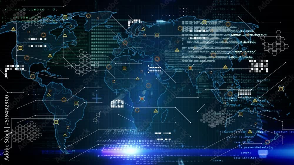 Wall mural animation of data processing with world map over dark background