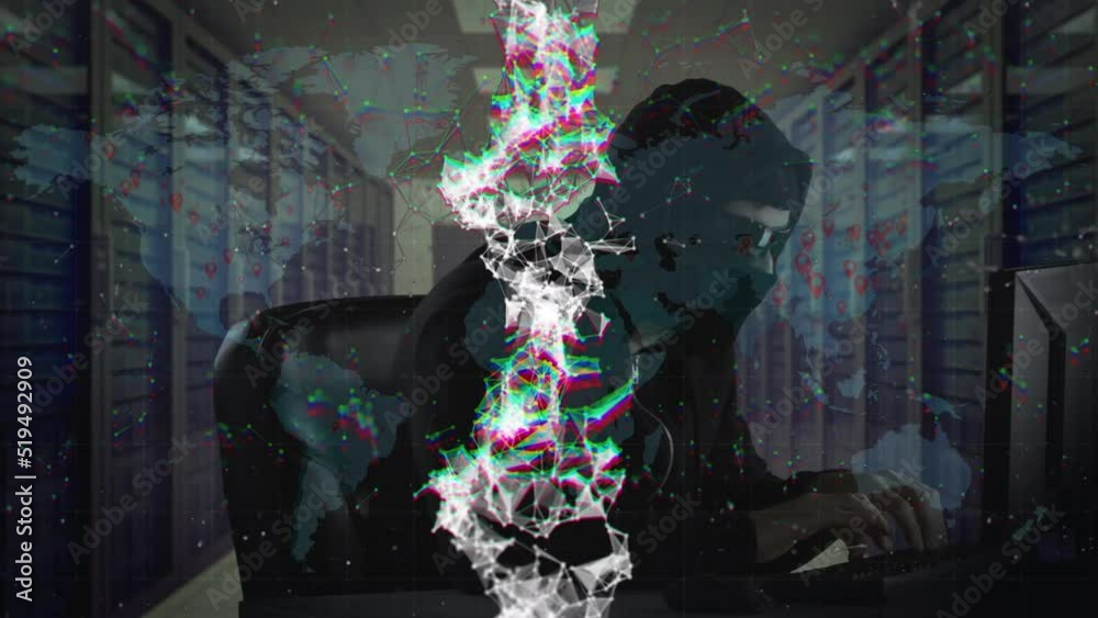Poster animation of digital rotating dna helix against man in hood hacking computer at data center