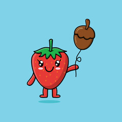 Cute cartoon strawberry floating with acorn balloon cartoon vector illustration