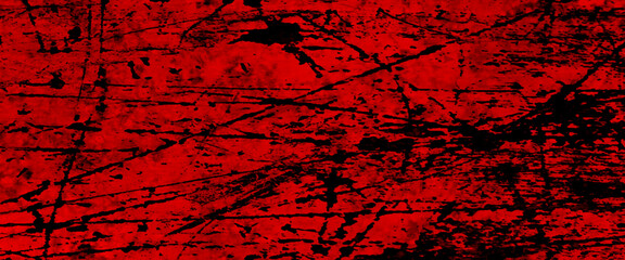 Red grunge halloween background with blood splash space on wall, cracked floor tile tile wall texture red background, red paper texture background. Paper empty for text. Dark design is blackboard. 