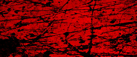 Red grunge halloween background with blood splash space on wall, cracked floor tile tile wall texture red background, red paper texture background. Paper empty for text. Dark design is blackboard. 