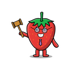 Cute cartoon mascot character wise judge strawberry wearing glasses and holding a hammer 
