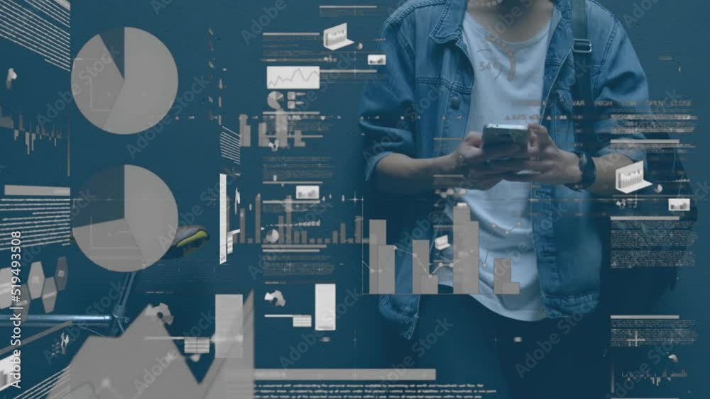 Poster animation of data processing over biracial man using smartphone