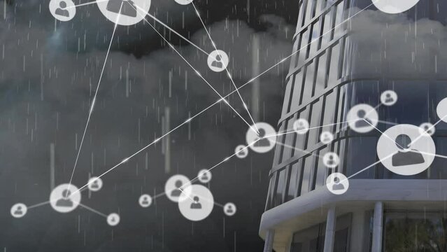 Animation of network of connections with icons over raing falling and building