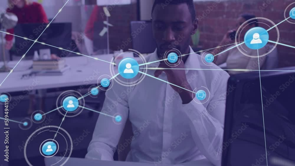 Poster Animation of network of connections over african american man with tablet in office