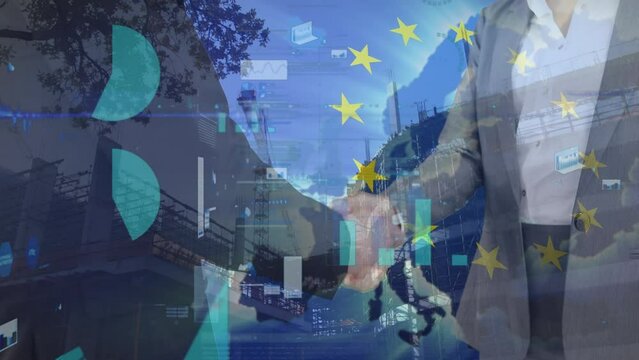 Animation of financial data, graphs and eu flag over diverse businesspeople shaking hands - Powered by Adobe