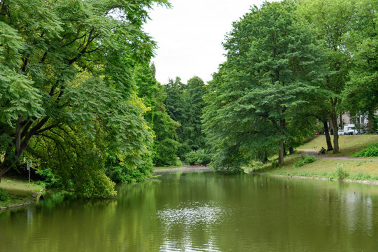 lake in the city park of bochum in the german area ruhrgebiet
