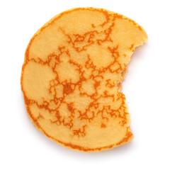 Bite of Pancake isolated on white background. Breakfast, snacks. Pancakes Day concept. Top view. Flat lay.
