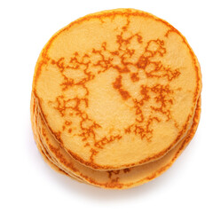  Stack of tasty fluffy pancakes isolated on white background..