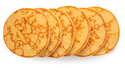 Pancakes in a row isolated on white background. Top view.