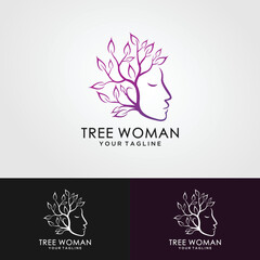  tree with female face and roots on white background, vector, Abstract Human tree logo. Unique Tree Vector illustration with circle and abstract woman shape.