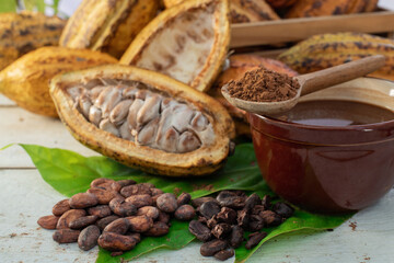 Cup of chocolate drink with fresh cacoa fruits, cutting cacoa pods in half show the inside of raw cacao beans, on Cacoa green leaf and white wooden table