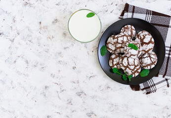 Chocolate cookies and a glass of milk on white background. Top view