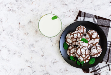 Chocolate cookies and a glass of milk on white background. Top view