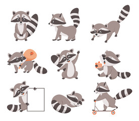 Set of cute character raccoon in different poses. Funny raccoon thief with bag and mask. Vector illustration isolated on white background - obrazy, fototapety, plakaty