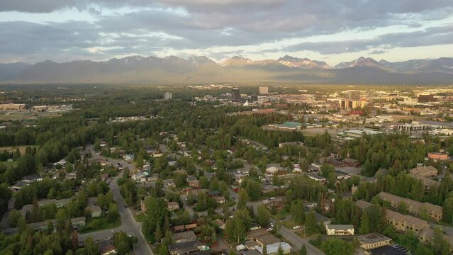 Urban sprawl Aerial View. Residential houses in Anchorage Alaska