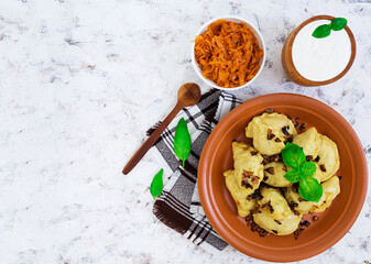 Delicious dumplings with cabbage and sour cream on white background. Top view