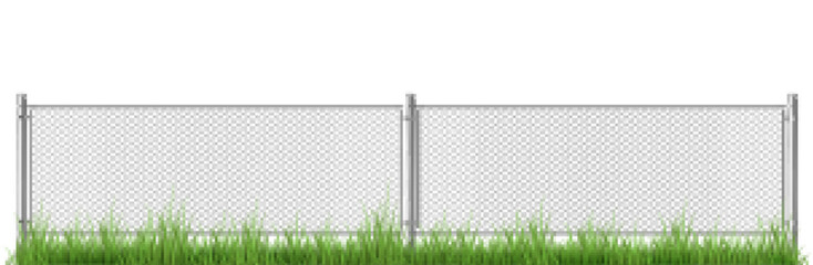 Wire fence with gates on green grass. Metal chain link mesh, barrier isolated on white background. Rabitz, perimeter protection segments separated with poles, Realistic 3d vector illustration