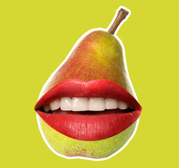 Funny ripe pear with red lips on color background