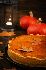 Delicious pumpkin tart. Homemade pie for Thanksgiving Day or Halloween. Autumn concept