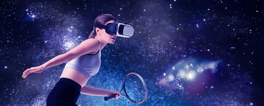 Sporty young woman with virtual reality glasses playing tennis on white background