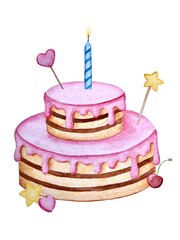 Watercolor illustration with birthday cake and candles