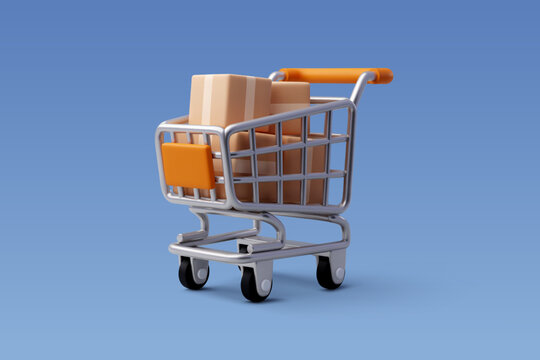 3d Vector Shopping Trolley with Parcel boxes, Shopping Online Concept.