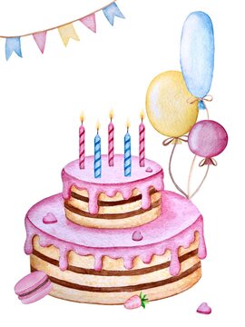Watercolor illustration with birthday cake and balloons. Birthday card. Invitation.