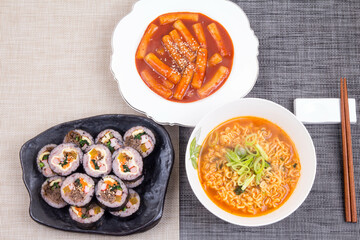 Korean style snack - ramen, gimbap, tteokbokki