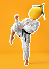 Man practicing karate on yellow background © Pixel-Shot
