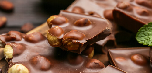 Pieces of tasty milk chocolate with hazelnuts, closeup