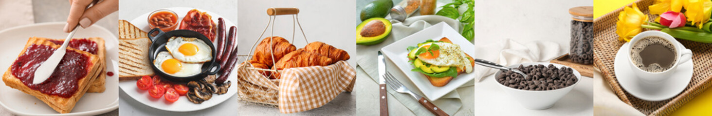 Group of nutrient breakfasts on light background