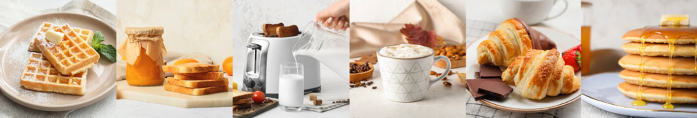 Collage of nutrient breakfasts on light background