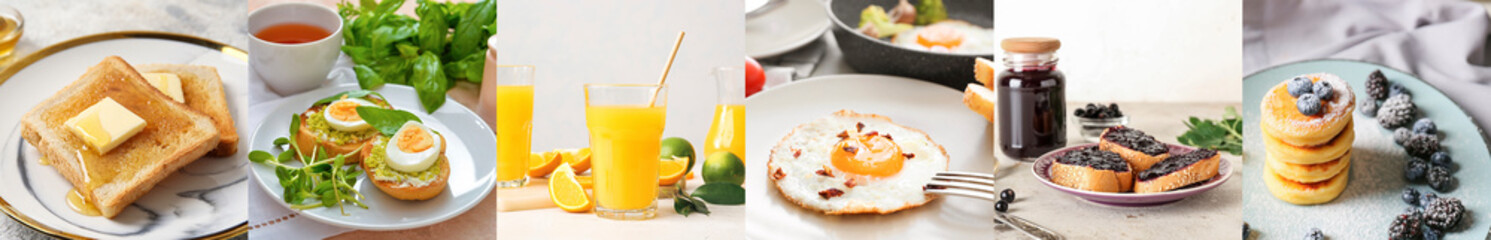 Collage of tasty breakfasts on light background